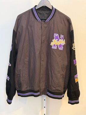 ASOS Black and Purple Varsity Bomber Jacket with Yellow Embroidery